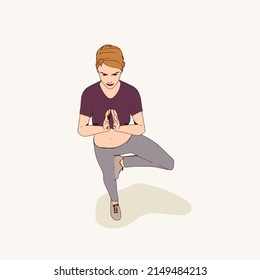 A girl standing on one leg is engaged in yoga. Happy relaxed female character performing meditation exercise. Sport fashion girl outline in urban casual style.