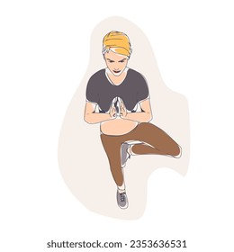 A girl standing on one leg is engaged in yoga. Happy relaxed female character performing meditation exercise. Sport fashion girl outline in urban casual style. Top view