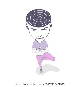 A girl standing on one leg is engaged in yoga. Relaxed female character performing meditation exercise. Woman with spiral inside her head. Personal growth and development. Problem solving.