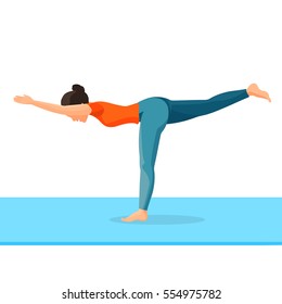 Girl standing on one leg and dragging another backward, hands forward. Yoga exercise good for health. Vector full length portrait of female person in special clothes doing gymnastics on carpet