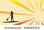 Girl standing up on a paddle board in sunlight, gradient background, vector illustration, isolated silhouette