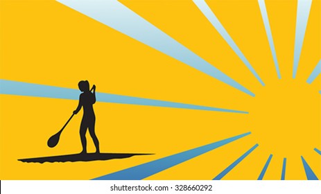 Girl standing up on a paddle board in sunlight, gradient background, vector illustration, isolated silhouette