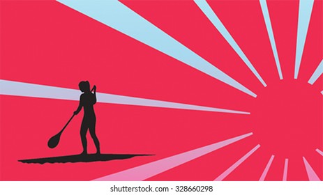 Girl standing up on a paddle board in sunlight, gradient background, vector illustration, isolated silhouette