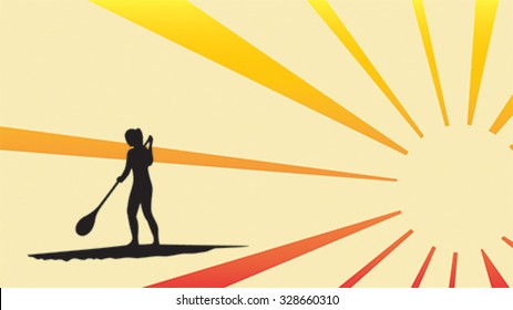 Girl standing up on a paddle board in sunlight, gradient background, vector illustration, isolated silhouette