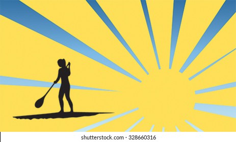 Girl standing up on a paddle board in sunlight, gradient background, vector illustration, isolated silhouette