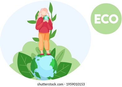 Girl standing on planet with small world globe in her hands. Woman thinking about environment