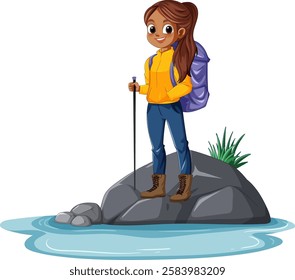 Girl standing on rock with hiking gear