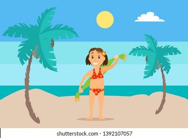 Girl standing on sand in swimsuit holding towel on back, mountain landscape and sunny weather, palm trees vector. Female teenager dry or wipe herself