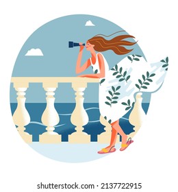 Girl standing on sea terrace to enjoy open fresh air and view vector illustration. Cartoon young happy woman in dress holding binoculars in hand, looking at seascape during relaxing vacation time