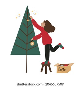 Girl standing on a stool and decorating minimalistic Christmas tree, isolated vector illustration