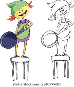 A girl standing on a stool and holding a frying pan in her hands. A design element or a page of a children's coloring book. Black-and-white and color contour illustration on a white background