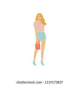 Girl standing on a street. Street fashion vector illustration.