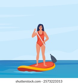 Girl standing on sup board on water. Happy woman holding oar and swims on the sea. Summer water sport activities.