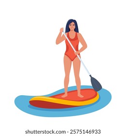 Girl standing on sup board on water. Happy woman holding oar and swims on the sea. Summer water sport activities.