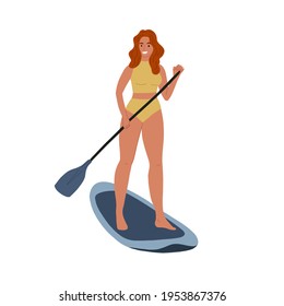 Girl standing on a sup surfboard. Female character. Surf lady. Vector illustration