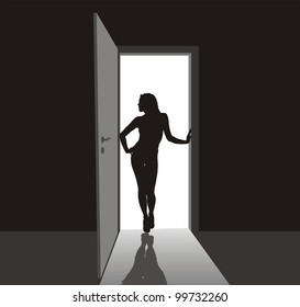 girl standing in the open door, vector illustration