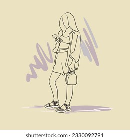 Girl standing with phone and bag line art on yellow background. Waiting woman. Vector illustration