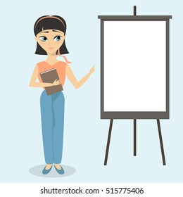 Girl standing with a placard. She points to the pillar. Education. Vector cartoon