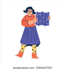 Girl Standing with Planet Map Exploring Space and Galaxy Vector Illustration