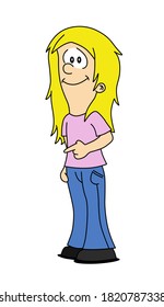 Girl standing pointing with her finger. Color sketch line cartoon style vector illustration.