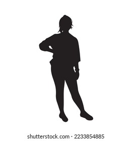 Girl and standing pose vector icon silhouette  Teen women and ponytail hair style and model pose tired waiting pose and one arm the side the stomach  Simple drawing isolated white 