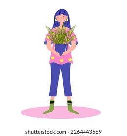 A girl standing with a pot with a houseplant in it. Smiling face, colorful clothes.  Illustration for home gardening, nature love and well being. Flat vector illustration. 