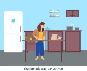Girl is standing and preparing food, looking at a laptop in the kitchen. Surfing internet, browsing pages, watching master classes. Woman learns to cook using a laptop. Flat cartoon illustration