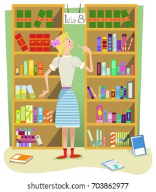 Girl standing in public library, looking at shelves filled with lots of books (flat color illustration)
