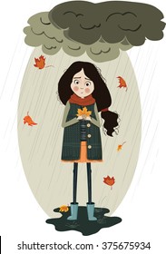 Girl standing in the rain with a dead leaf, vector illustration