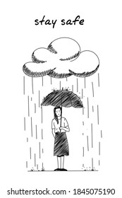 Girl standing in the rain under an umbrella handdrawn illustration. Cartoon vector clip art of a rainy cloud and cute young woman smiling with an umbrella. Black and white sketch of a beautiful girl