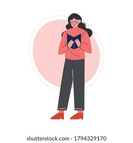 Girl Standing and Reading a Book, Female College or University Student, Young Woman Enjoying of Reading Literature Vector Illustration