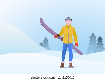 Girl Standing with Ski on Snowdrifts Hills Winter Snow Background with Christmas tree. Vector illustration.
