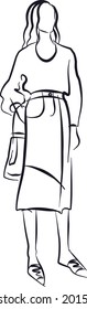 girl standing in a skirt and a handbag, hand-drawn fashion sketch