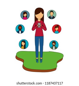 girl standing with smartphone social media people