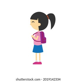 A girl standing smiling happily holding her bag. cartoon cute little girl character seen from the side. vector flat design on isolated background.
