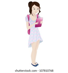 Girl standing smiling and reading something interesting on tablet