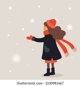 Girl standing in the snow on winter day. Winter season vector illustration.