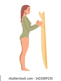Girl standing with surfboard. Summer leisure.