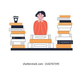 Girl standing surrounded by stacks of books. Flat line art vector illustration. 