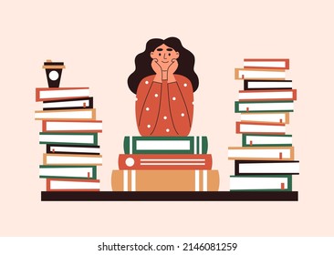 Girl standing surrounded by stacks of books. Flat vector illustration. 