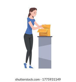 Girl Standing at Table Packing Cardboard Box Preparing Goods For Dispatch Cartoon Vector Illustration