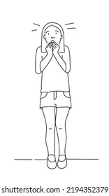 Niña de pie tocando las mejillas sintiendo pánico. Pánico y miedo. Ilustración vectorial dibujada a mano. Blanco y negro.