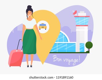 Girl standing with travel bag, holding passport and tickets. Airport. Travel and tourism. Flat design modern vector illustration concept.