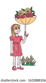 Girl Standing With An Umbrella Full Of FLowers