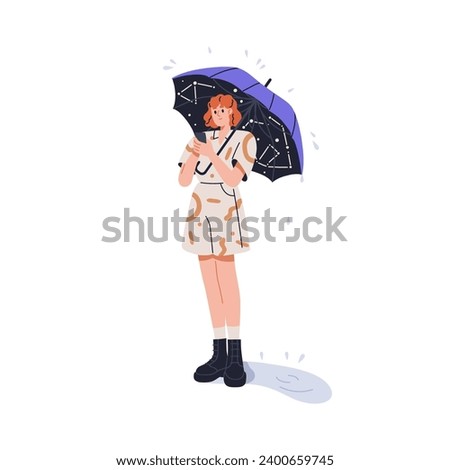 Girl standing under umbrella, holding mobile phone. Young woman with smartphone in hand in rainy weather. Female with canopy, summer rain. Flat graphic vector illustration isolated on white background