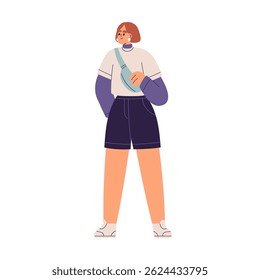 Girl standing in urban style outfit with cross-body bag. Young modern woman in casual summer clothes, apparel, wearing shorts, accessories. Flat vector illustration isolated on white background