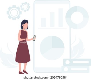 A  girl standing and using mobile phone .there is charts bars and graph on mobile.