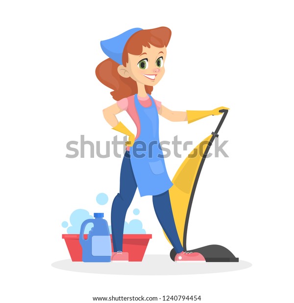 Girl Standing Vacuuum Cleaner Happy Child Stock Vector (Royalty Free ...