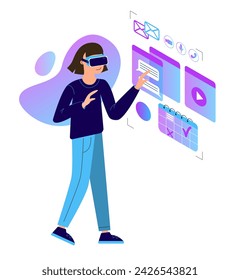 Girl standing in VR headset working, reading messages or watching video. Modern woman in futuristic glasses. Flat vector illustration of people using VR technology