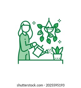 Girl is standing and watering flower color line icon. Home leisure. Plant care. Vector isolated illustration. Editable stroke